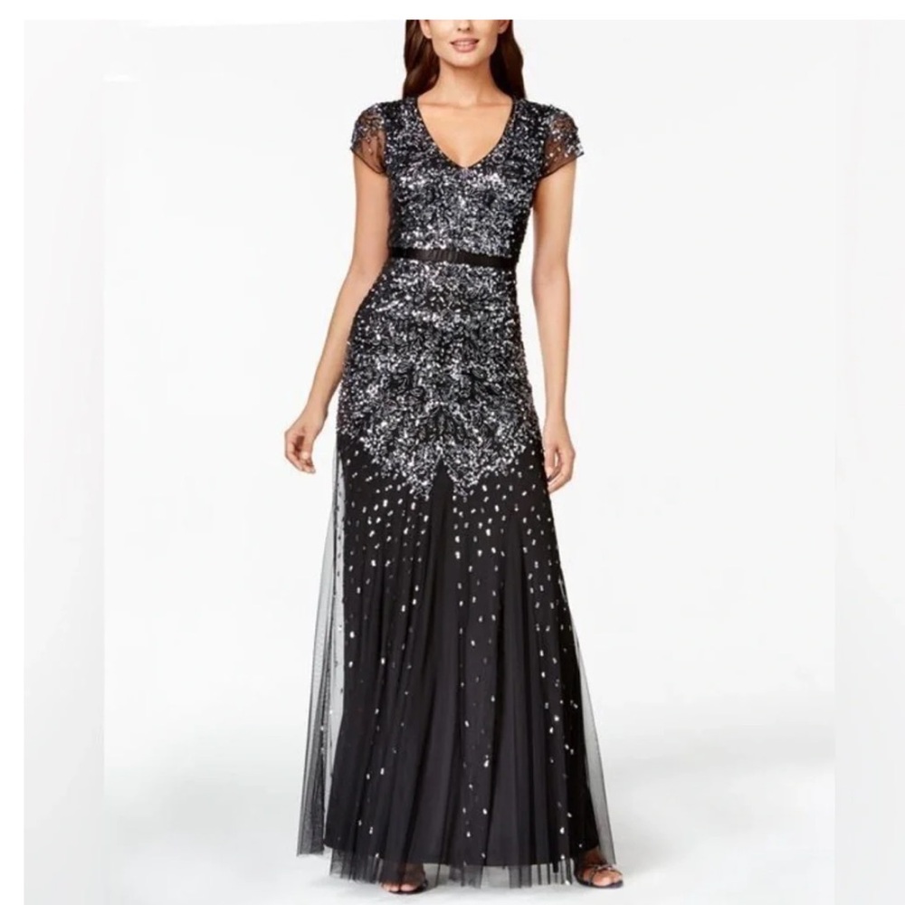 Adrianna Papel Black Beaded V-Neck Evening Gown